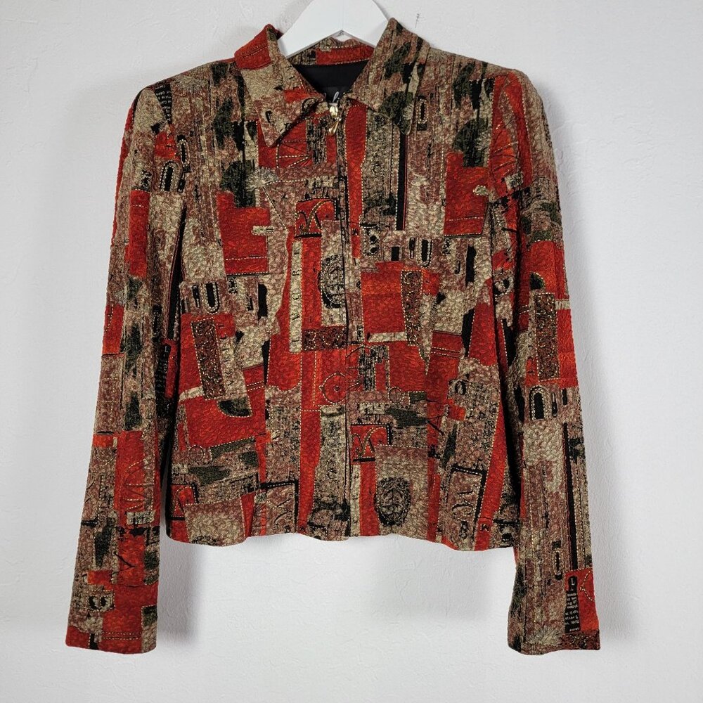 Vintage Jolibel Womens Tapestry Jacket Abstract Red & Black Pattern Size 14